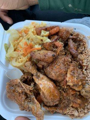 Medium size Brown Stew Chicken, cabbage, sweet plantains, rice & peas