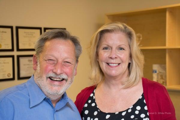 Jay Lifson and Barbara Gilmore of the Lafayette Chamber of Commerce at Lamorinda Audiology Ribbon Cutting Ceremony.