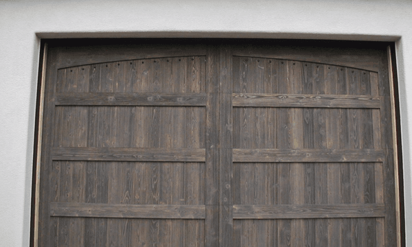 Stained garage door.