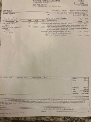 invoice showing how we were over charged ...the vehicle was towed because it stopped on the hwy with my daughter in it 140????