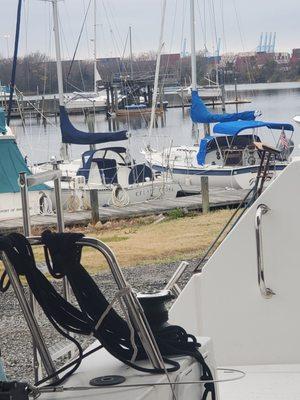 On the hard with some slips in the background on the ICW.