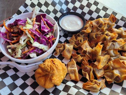 Thirty piece mante with cabbage salad, side of fried khinkali