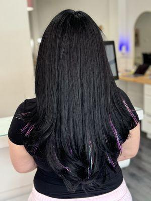 full color, k-tip tinsel extensions, hair cut and blowout by karina perez