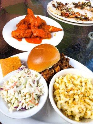 Pulled chicken sandwich, coleslaw, Mac and cheese, cornbread, buffalo chicken tenders, nachos