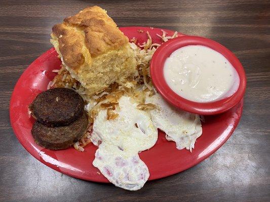 2 Eggs with Sausage & Biscuit  & Gravy.  I ordered scrambled, but got over medium. No worries, it tasted great!