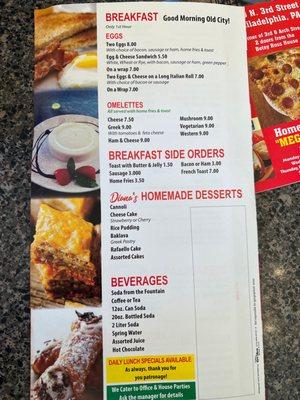 Breakfast, dessert and drink menu