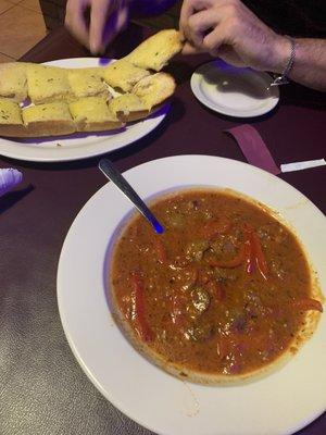 Italian sausage and peppers, garlic bread