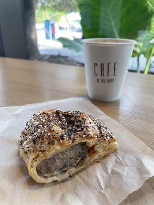 Sausage roll and honey rose latte