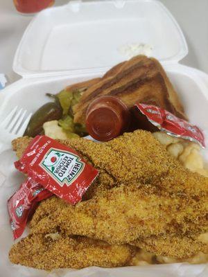 4 piece golden fried catfish with fries, toasted white bread, pickles, and a hot pepper.