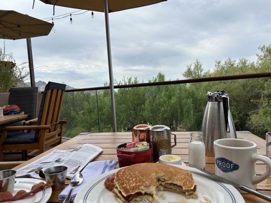 Hot delicious breakfast. Hot. Even the syrup. Details!!!!! Oh and the view.