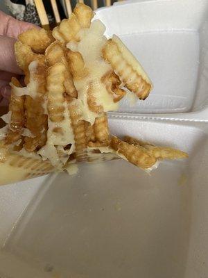 Cold, wet fries glued together with cold, wet cheese