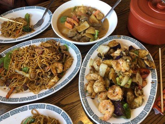 House Special Chow Mein ($17.98), red curry lamb ($24.98), and crispy eggplant w shrimp ($19.98) -- huge portions!