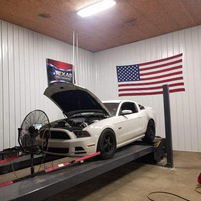 Shop owner's 2013 twin turbo Ford Mustang GT. Built by Adam (shop owner), boasting an impressive 1108hp, with a 5.72 in the 1/8 mile.