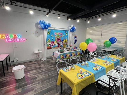 Awesome set up of a baby shark theme party