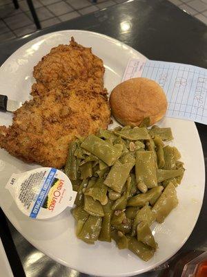 Fried pork shops with green beans and salad bar