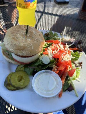 Cheeseburger with side salad.