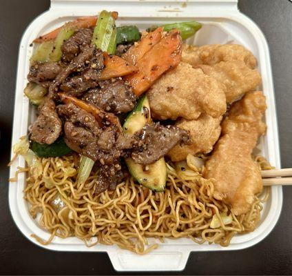 2 item combo with thin noodles chow mein, salted & pepper fried fish and pepper beef