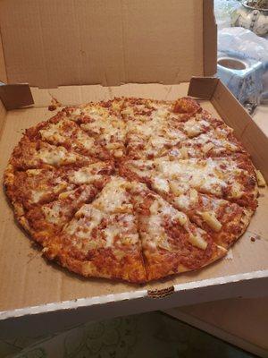 Bacon, pineapple, BBQ chicken pizza