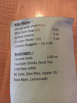 Kids menu