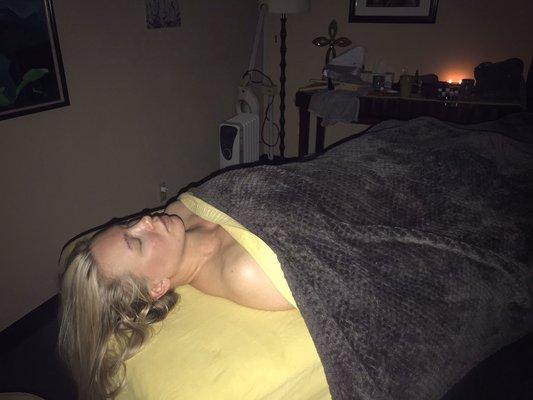 Music, candles and a session with magnets, craniosacral and organic oils.