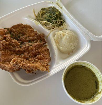 Panko Chicken Fried Chicken with poblano sauce, spaghetti, & mash potatoes great portion!