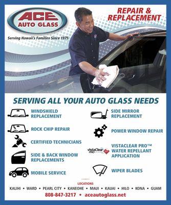 Ace Auto Glass offers a full service menu for all of your auto glass needs!