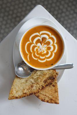 Tomato Basil Soup
with spiced pita chips