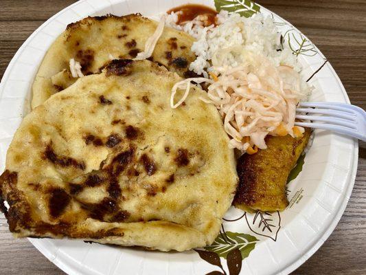 Pupusa Especial, pickled coleslaw, rice, and maduros