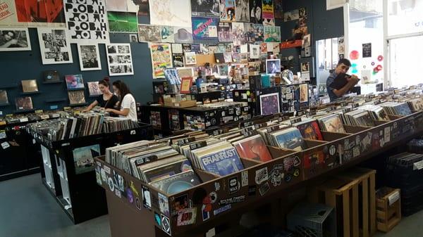 Rows of records, CDs, VHS, and cassettes.