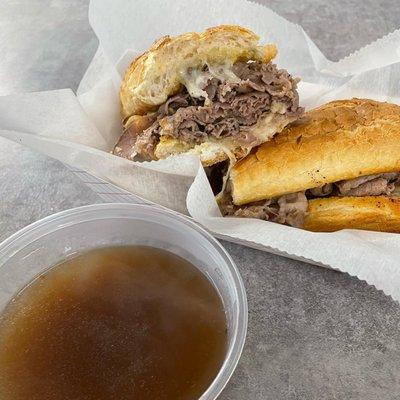 Italian Beef Sandwich with Mozzarella Cheese and Au Jus