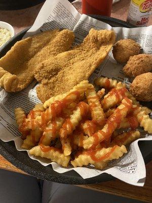 Catfish w/fries, coleslaw and hush puppies