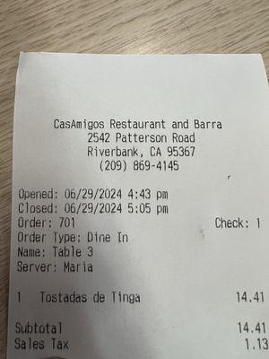 Receipt with restaurant info