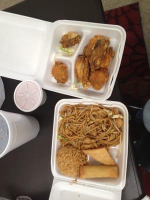 Chicken lo mein and wings