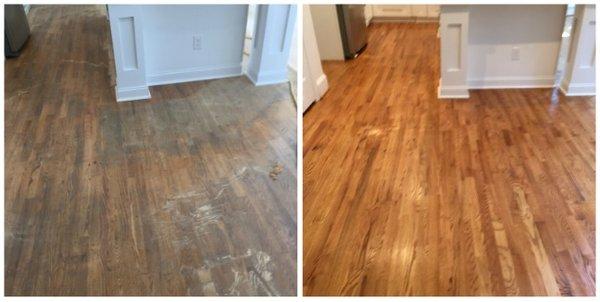 Before and after wood floor refinishing