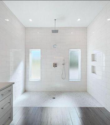 Tom and Lynn's job this is a curb less shower main floor and shower floor are the same height one of my favorites.