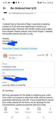 Emails showing communication with the company about my order