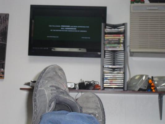 Put your feet up and watch a movie while getting your car serviced! They also have a soda machine and free bottled water