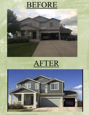 Exterior house painting before and after picture. The color change on this house is so drastic it almost looks like a different home!