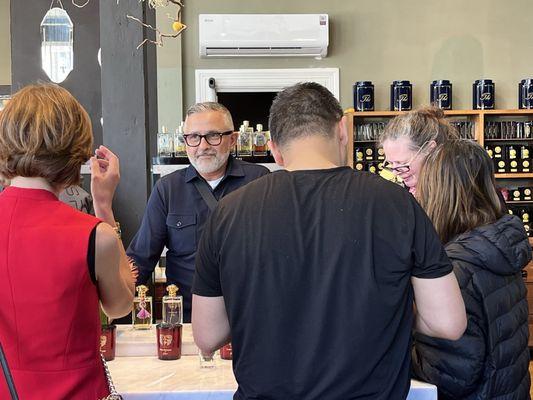 The Perfume Guy host, Sebastian, advising on scents at today's special event 6/2/24