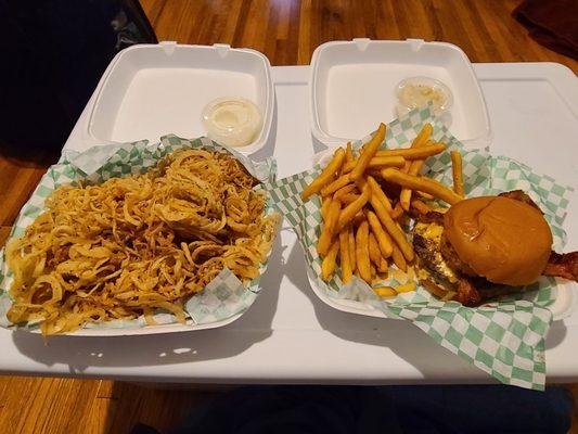 Onion straws ($9.99) Roadhouse Juicy Lucy with fries($14)