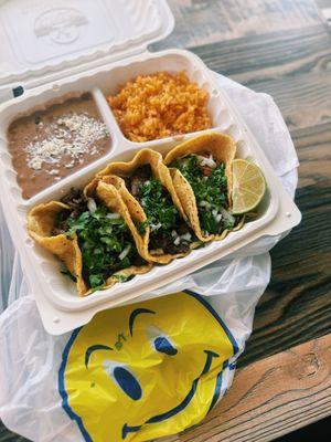 Can't beat this combo- asada, carnitas, cabeza on fresh handmade tortillas + yummiest rice&beans $11