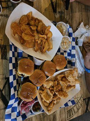 Game day platter for 2.  $15. Yummy! 6 sliders, 2 of 3 kinds,  pork rinds, homemade potato chips with your choice of seasoning.