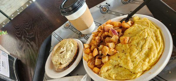 Everything bagel, hone fries, cheese omelette & latte