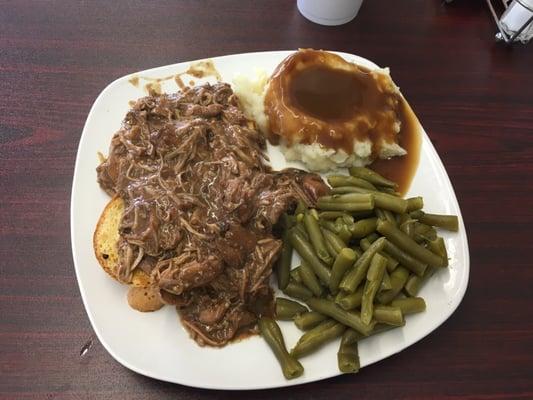 Open face roast beef sandwich with REAL mashed potatoes and fresh green beans.