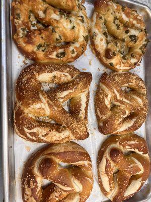 Soft pretzels made fresh everyday! Salted, unsalted, garlic Parmesan, jalapeño