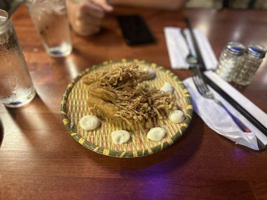 Fried enoki mushrooms with lemon mayo is so good!