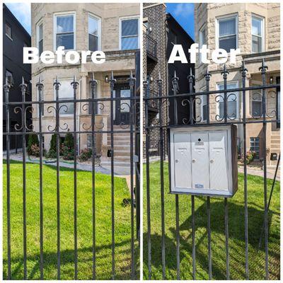 Mail boxes assembly welded and install on a building metal fence, Chicago Locksmiths install