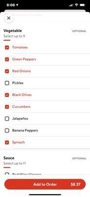 Door dash app for selecting salad