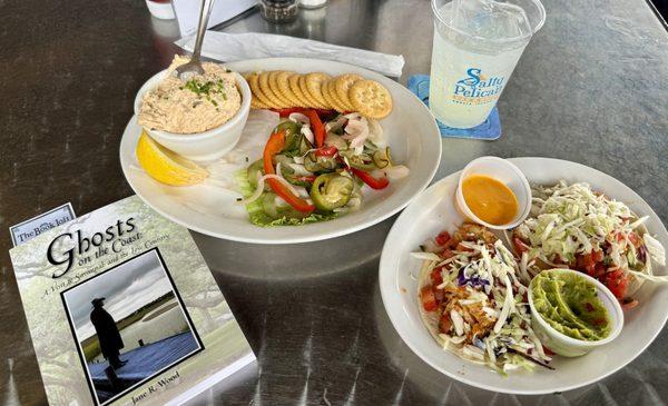 Trigger fish dip appetizer and mahi mini tacos