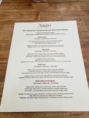 Tasting Menu for Amavi. 4 pours. 1 white & 3 reds.